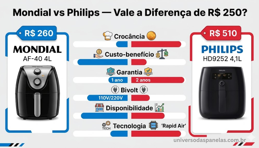 Infográfico comparativo lado a lado entre Mondial AF-40 4L em azul por R$260 e Philips HD9252 4,1L em vermelho por R$510, com barras de comparação em 6 critérios: crocância, custo-benefício, garantia, bivolt, disponibilidade e tecnologia exclusiva, mostrando onde cada marca lidera