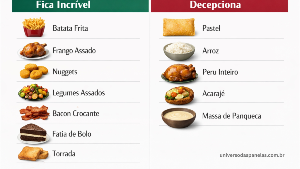 Infográfico dividido em duas colunas: coluna verde com título Fica Incrível listando 8 ícones de alimentos como batata frita frango nuggets e legumes, e coluna vermelha com título Decepciona listando 5 ícones como pastel arroz acarajé e grandes volumes