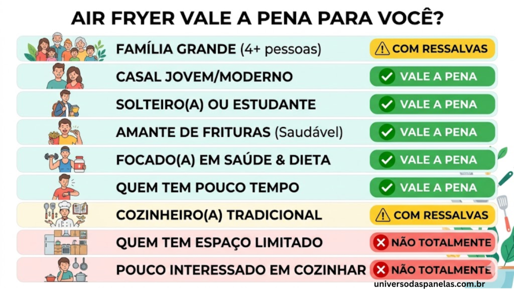 Infográfico com 9 linhas representando perfis de compradores de air fryer: família com crianças e pessoa sozinha com badge verde vale a pena, fã de fritura tradicional e família grande com badge amarelo com ressalvas e quem quer substituir 100% o óleo com badge vermelho não totalmente, cada perfil com ícone e justificativa resumida