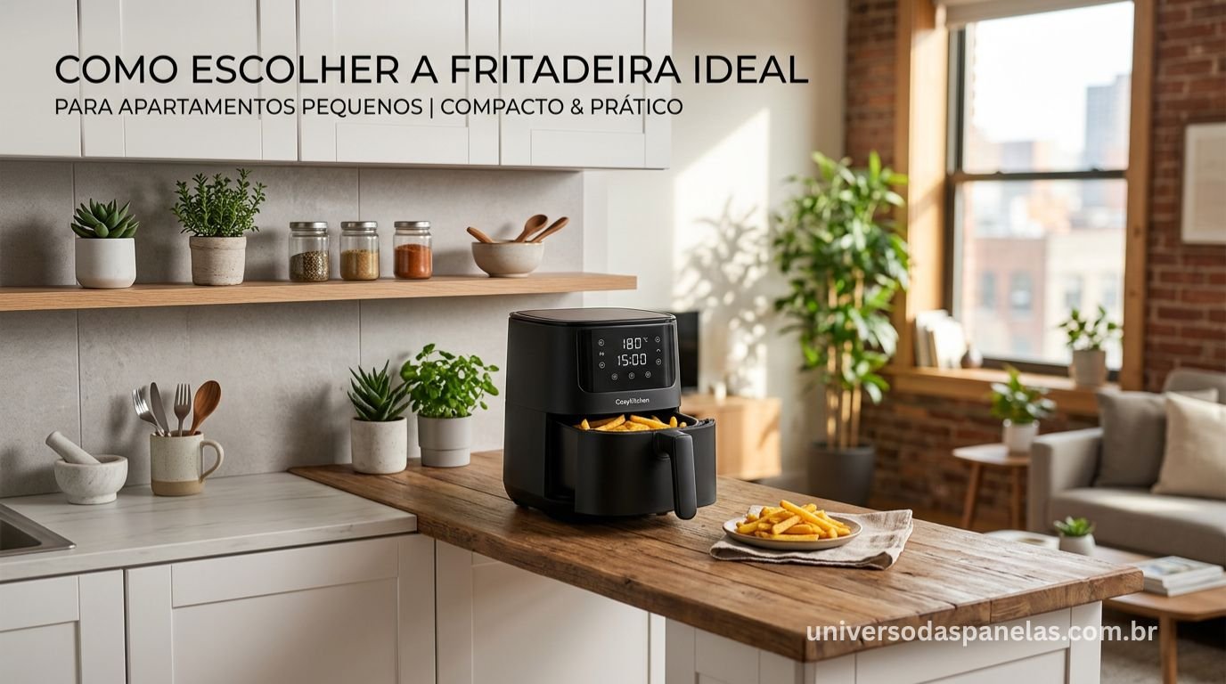 Air fryer compacta em bancada de cozinha de apartamento pequeno com espaço otimizado