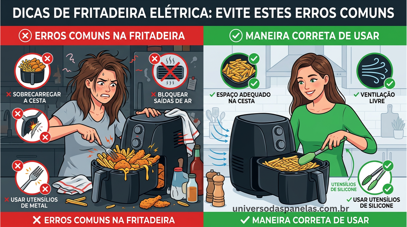 Montagem ilustrativa mostrando erros comuns ao usar air fryer com elementos visuais de alerta