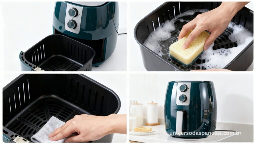 Grid 2x2 com 4 etapas da limpeza correta da air fryer: air fryer esfriando com porta aberta, cesta removida sendo lavada à mão com esponja macia e espuma, interior sendo limpo com pano úmido e air fryer remontada e limpa brilhando na bancada