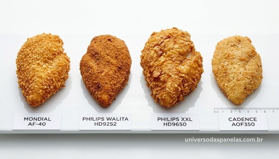 Fotografia técnica close-up de 4 pedaços de frango empanado lado a lado sobre superfície branca com etiqueta identificando cada modelo: Mondial AF-40, Philips HD9252, Philips XXL HD9650 e Cadence AOF350, evidenciando as diferenças de douramento e textura da superfície de cada preparação