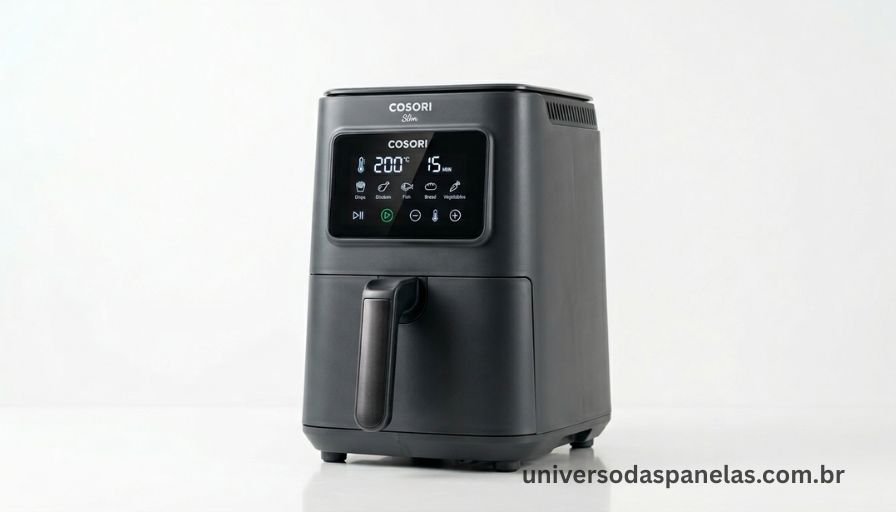 Design minimalista do air fryer Cosori Slim em cor cinza escuro
