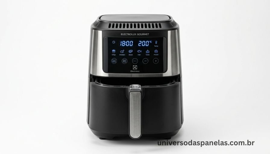 Fotografia frontal do air fryer Electrolux Gourmet em cor preta e detalhes em prata