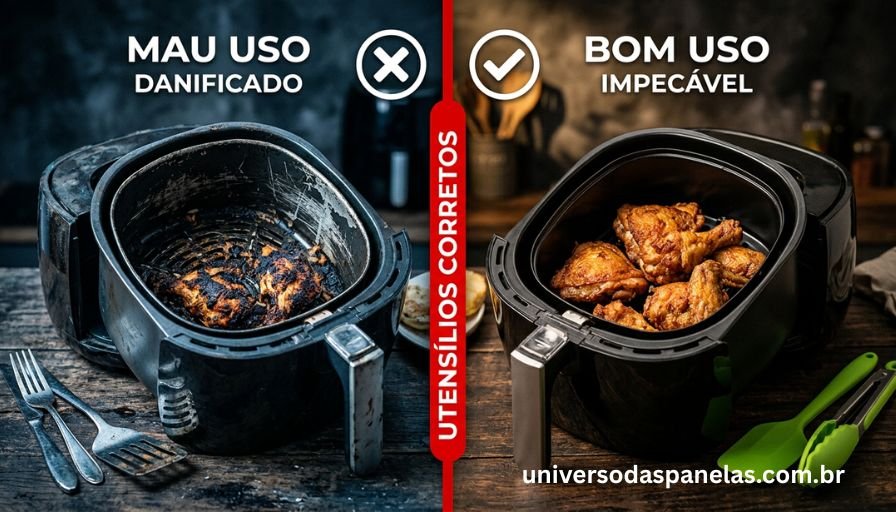 Fotografia comparativa dramática dividida ao meio: lado esquerdo com luz fria azulada mostrando cesta de air fryer arranhada e danificada com utensílio de metal e alimento grudado, lado direito com luz quente dourada mostrando cesta impecável com utensílio de silicone verde e frango dourado, linha divisória vermelha com X e check no centro