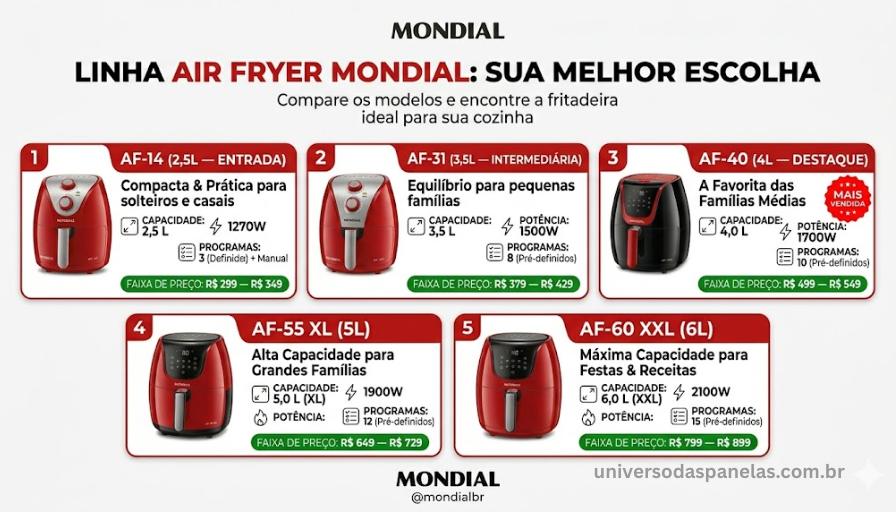 Infográfico com 5 cards da linha completa de air fryer Mondial em 2026: AF-14 de 2,5 litros entrada, AF-31 de 3,5 litros digital, AF-40 de 4 litros com badge mais vendida em destaque, AF-55 XL de 5 litros e AF-60 XXL de 6 litros, cada card com potência número de programas e faixa de preço