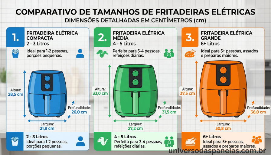 Infográfico mostrando as dimensões padrão de air fryers em diferentes tamanhos