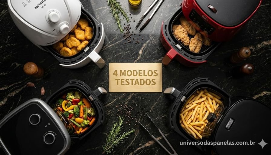 Flat lay comparativo de 4 air fryers sobre bancada de granito escuro em formato quadrado: Mondial AF-40 branca com nuggets dourados, Philips Walita HD9252 vermelha com frango empanado, Philips XXL HD9650 preta maior com batata frita e Cadence AOF350 grafite com legumes assados, placa dourada com 4 modelos testados no centro