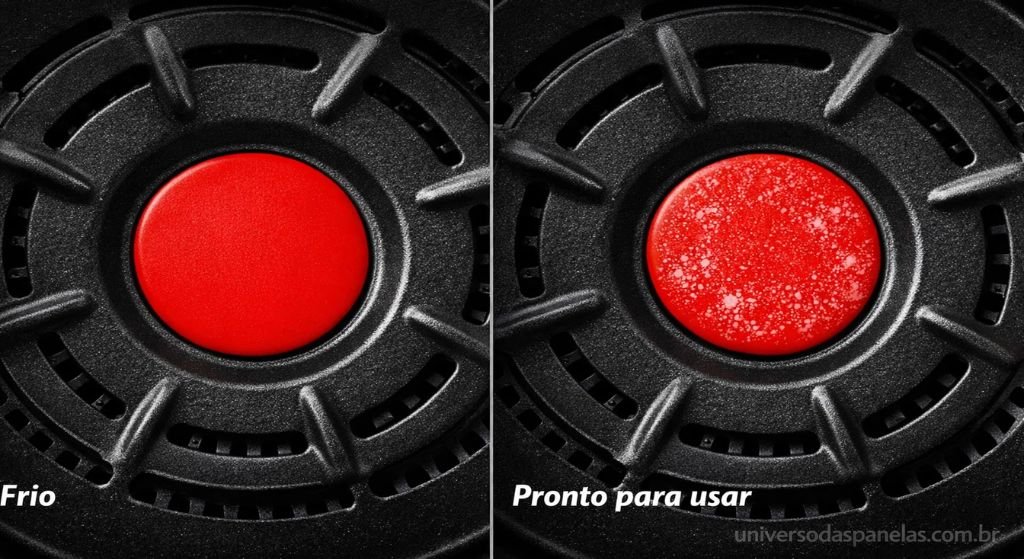 Fotografia close-up comparativa do Thermo-Spot da Philips Walita em dois estados: à esquerda símbolo completamente vermelho sólido indicando temperatura fria ainda não ideal e à direita símbolo vermelho com manchas brancas indicando temperatura perfeita para adicionar o alimento