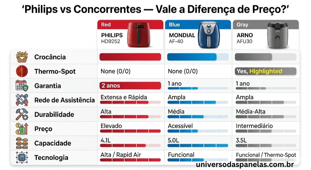 Infográfico tabela comparativa com Philips HD9252, Mondial AF-40 e Arno AFU30 avaliados em 8 critérios com barras de rating coloridas: crocância, Thermo-Spot, garantia, rede de assistência, durabilidade, preço, capacidade e tecnologia exclusiva, mostrando onde a Philips lidera e onde os concorrentes são equivalentes