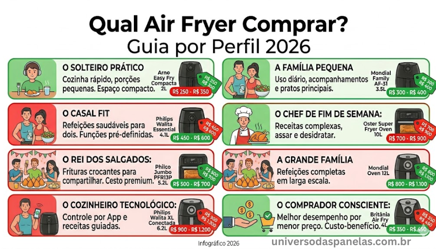 Infográfico vertical com 8 cards representando perfis de compradores de air fryer em 2026: primeira air fryer com Mondial AF-40, casal com Philips HD9252, família grande com Philips XXL HD9650, cozinha aberta com Cadence AOF350, cada card com ícone de perfil descrição e modelo recomendado com faixa de preço em tag colorida