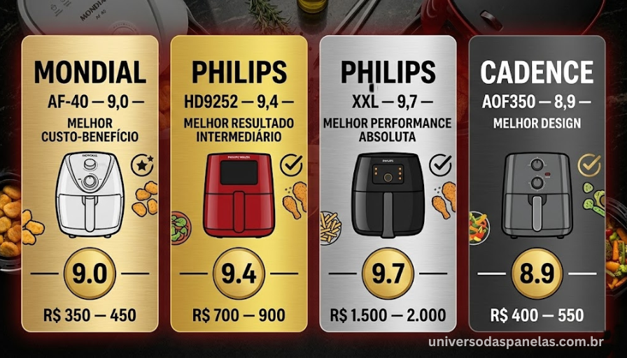Infográfico com 4 cards horizontais do ranking de melhor air fryer 2026: Mondial AF-40 nota 9,0 melhor custo-benefício, Philips HD9252 nota 9,4 melhor resultado intermediário, Philips XXL HD9650 nota 9,7 melhor performance absoluta e Cadence AOF350 nota 8,9 melhor design, cada card com ícone da air fryer e faixa de preço