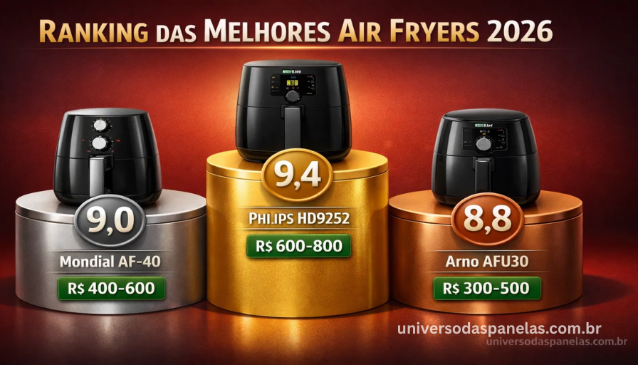 Infográfico pódio 3D com ranking das melhores air fryers 2026 no Brasil: primeiro lugar dourado Philips Walita HD9252 nota 9,4 intermediária, segundo lugar prata Mondial AF-40 nota 9,0 entrada e terceiro lugar bronze Arno AFU30 nota 8,8, cada pódio com ícone ilustrado da air fryer e faixa de preço em tag verde