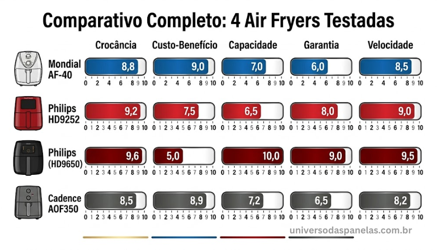 Infográfico com barras de progresso horizontais comparando 4 air fryers em 5 critérios: Mondial em azul lidera custo-benefício, Philips HD9252 em vermelho lidera facilidade de uso e garantia, Philips XXL em vermelho-escuro lidera crocância e velocidade, Cadence em grafite lidera design, cada barra proporcional ao desempenho com valor numérico ao final