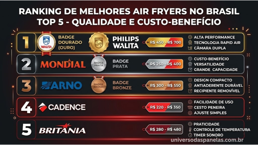 Infográfico ranking vertical com as 5 melhores marcas de air fryer no Brasil em 2026: primeiro lugar Philips Walita com badge dourado e melhor tecnologia, segundo Mondial com melhor custo-benefício, terceiro Arno qualidade intermediária, quarto Cadence design e cores e quinto Britânia preço mais acessível, cada posição com faixa de preço e 3 diferenciais