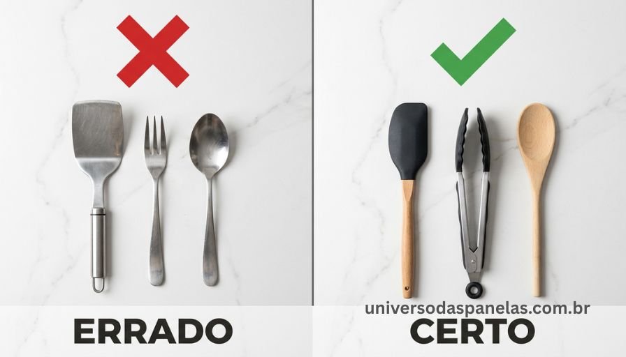 Flat lay top view comparativo sobre mármore branco dividido ao meio: lado esquerdo com ícone X vermelho mostrando espátula de metal, garfo de aço inox e colher de inox como utensílios errados para air fryer, lado direito com ícone check verde mostrando espátula de silicone, pinça de silicone e colher de madeira como utensílios corretos
