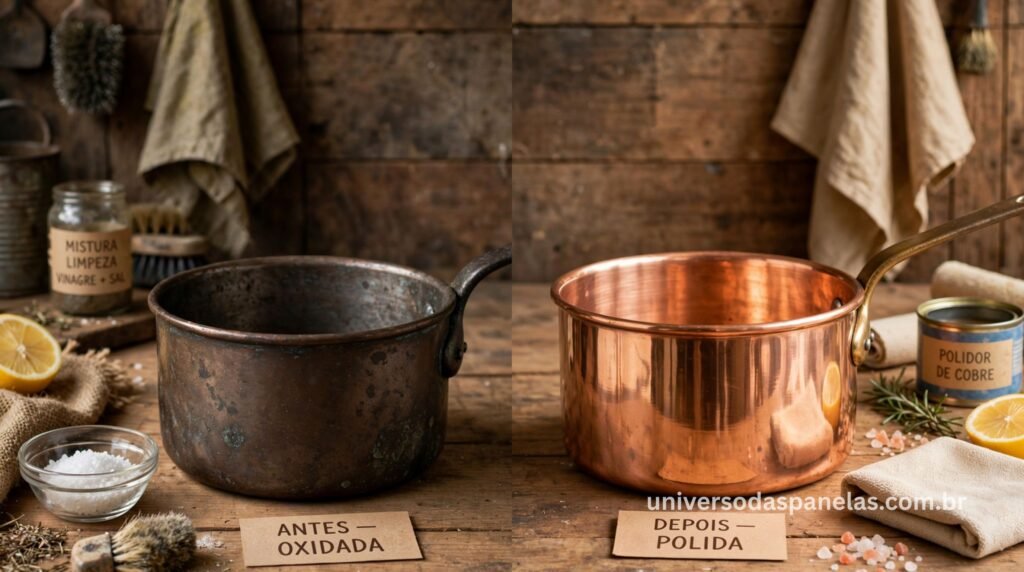 Comparação de panela de cobre antes e depois do polimento restaurador