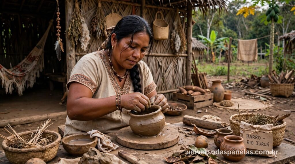 Artesã indígena brasileira usando técnica ancestral para moldar panela de barro