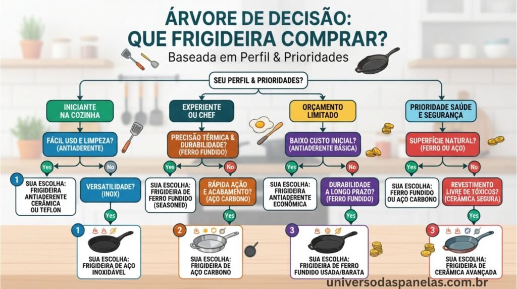 Diagrama de decisão para escolher frigideira ideal baseado em perfil e necessidades