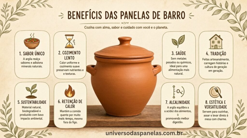 Infográfico ilustrando os principais benefícios das panelas de barro
