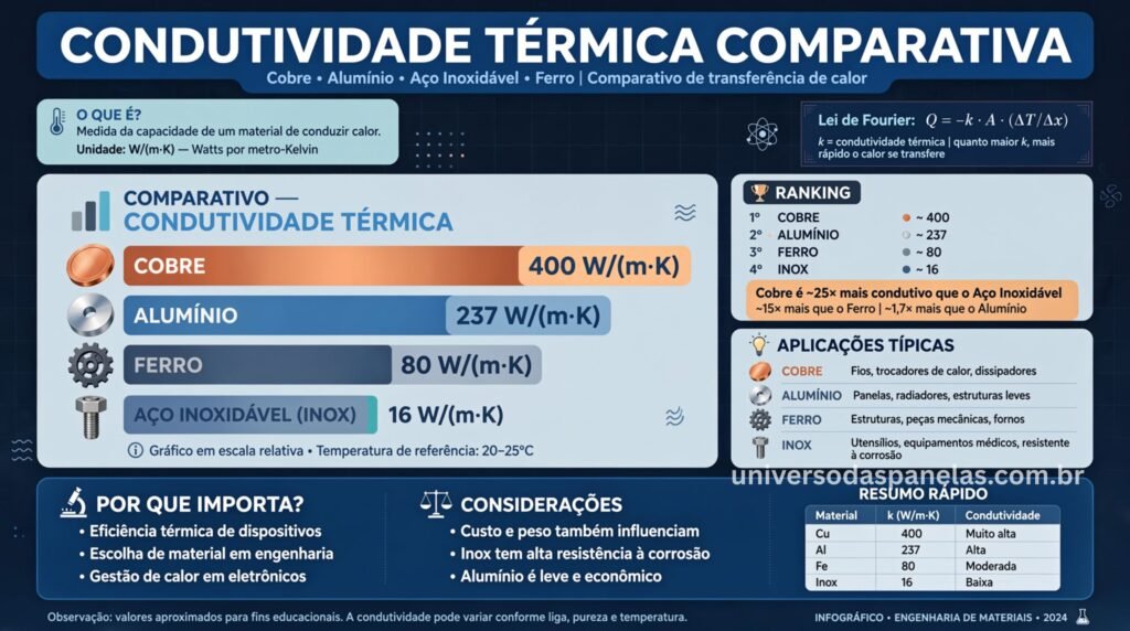 Infográfico comparando cientificamente a condutividade térmica do cobre com outros materiais
