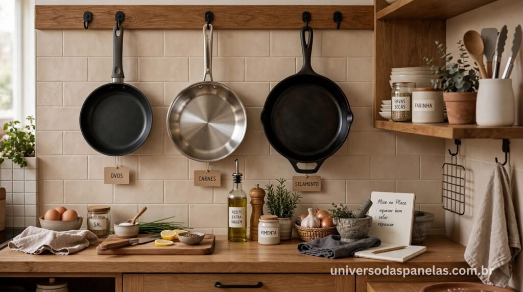 Cozinha com três frigideiras essenciais organizadas por função e material