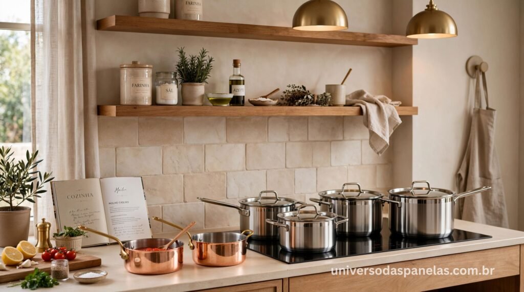 Cozinha bem equipada com estratégia híbrida inteligente: cobre especializado + inox versátil