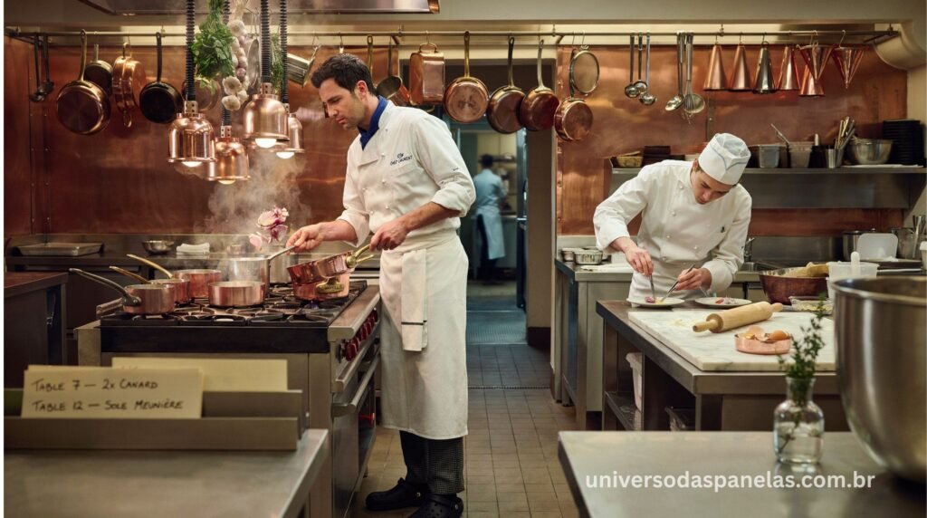 Cozinha profissional tradicional francesa com coleção de panelas de cobre penduradas