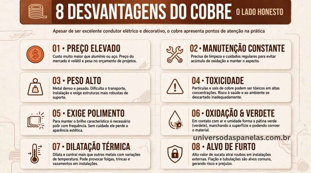 Infográfico transparente sobre desvantagens e limitações das panelas de cobre