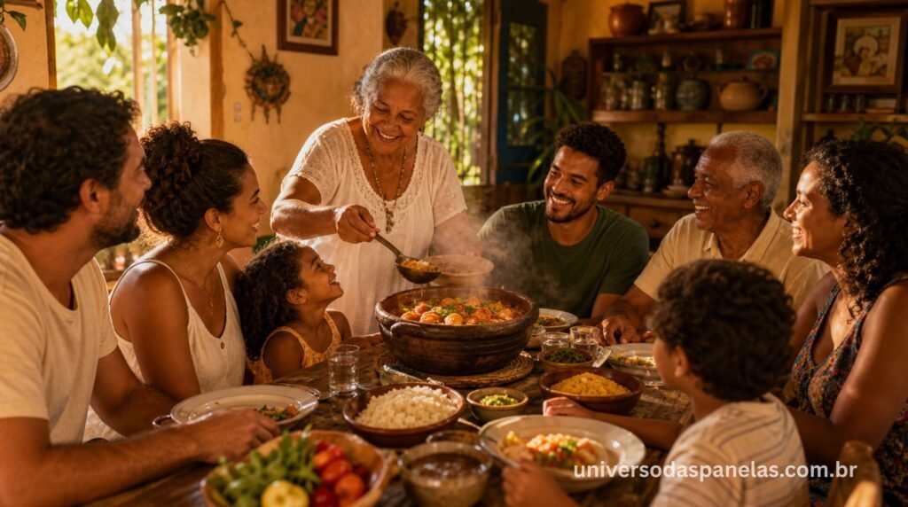 Família reunida compartilhando refeição tradicional servida em panela de barro