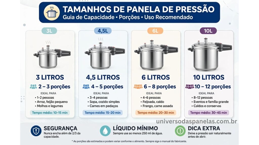 Guia visual de tamanhos de panelas de pressão e quantidade de porções que cada uma produz