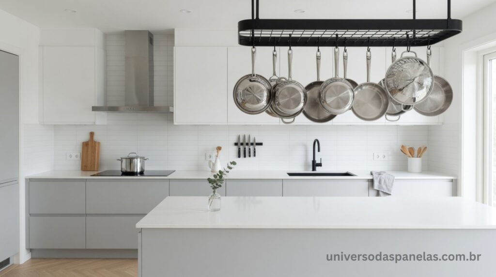 Jogo de panelas de aço inox organizado em cozinha moderna e clean