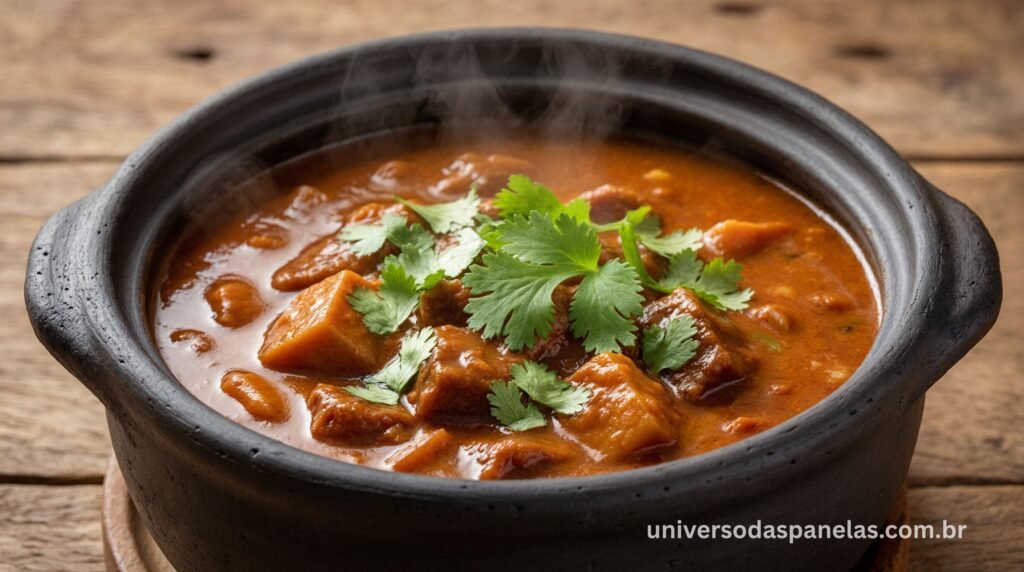 Moqueca capixaba autêntica preparada em panela de barro tradicional de Goiabeiras