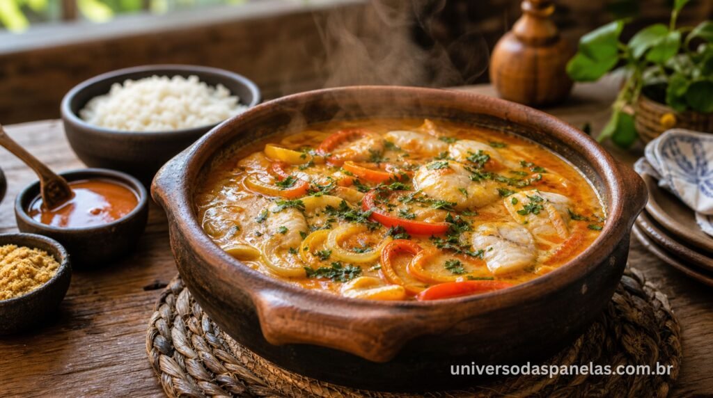 Moqueca de peixe servida em panela de barro tradicional brasileira fumegante