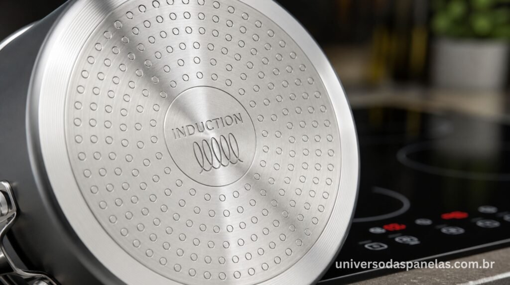 Detalhe do fundo de panela compatível com fogão de indução