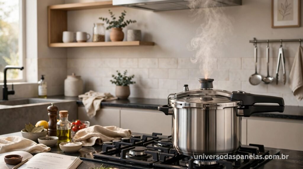 Panela de pressão de aço inox em uso no fogão com vapor saindo pela válvula