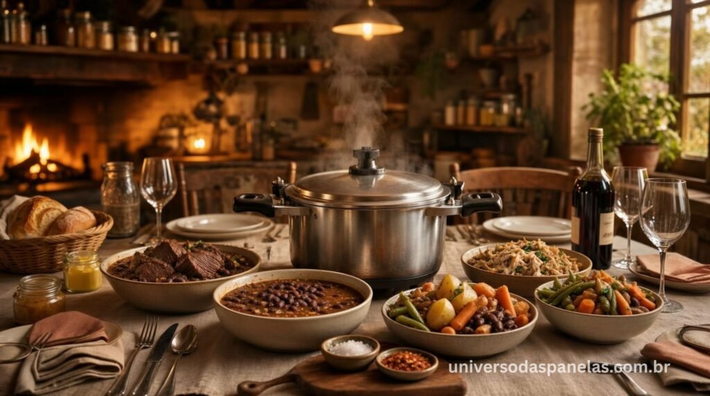 Variedade de pratos deliciosos preparados com panela de pressão