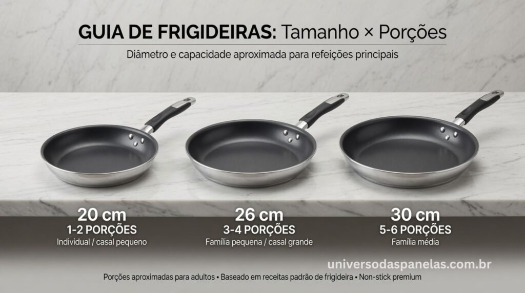 Comparação de tamanhos de frigideiras e capacidade de porções