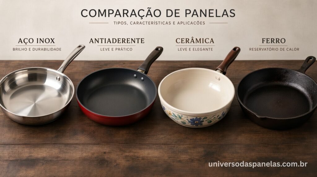 Diferentes tipos de materiais de panelas: aço inox, antiaderente, cerâmica e ferro fundido