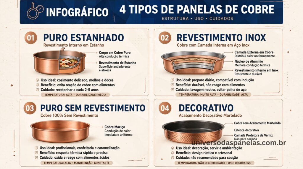 Infográfico educativo mostrando diferentes tipos de construção de panelas de cobre