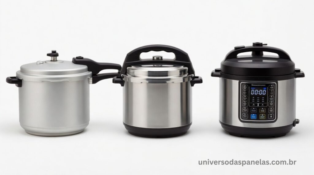 Comparação visual entre panela de pressão de alumínio, inox e elétrica