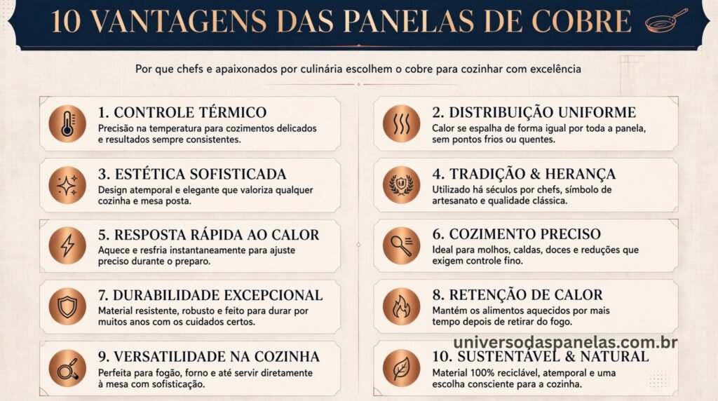 Infográfico ilustrando as principais vantagens das panelas de cobre profissionais