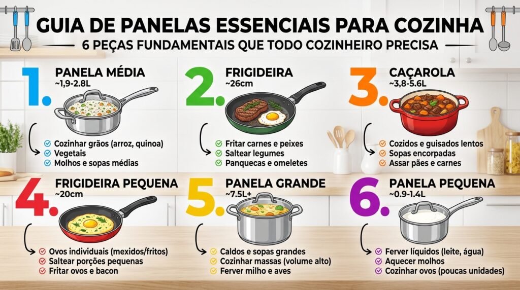 Infográfico com as 6 panelas essenciais que todo iniciante deve ter na cozinha