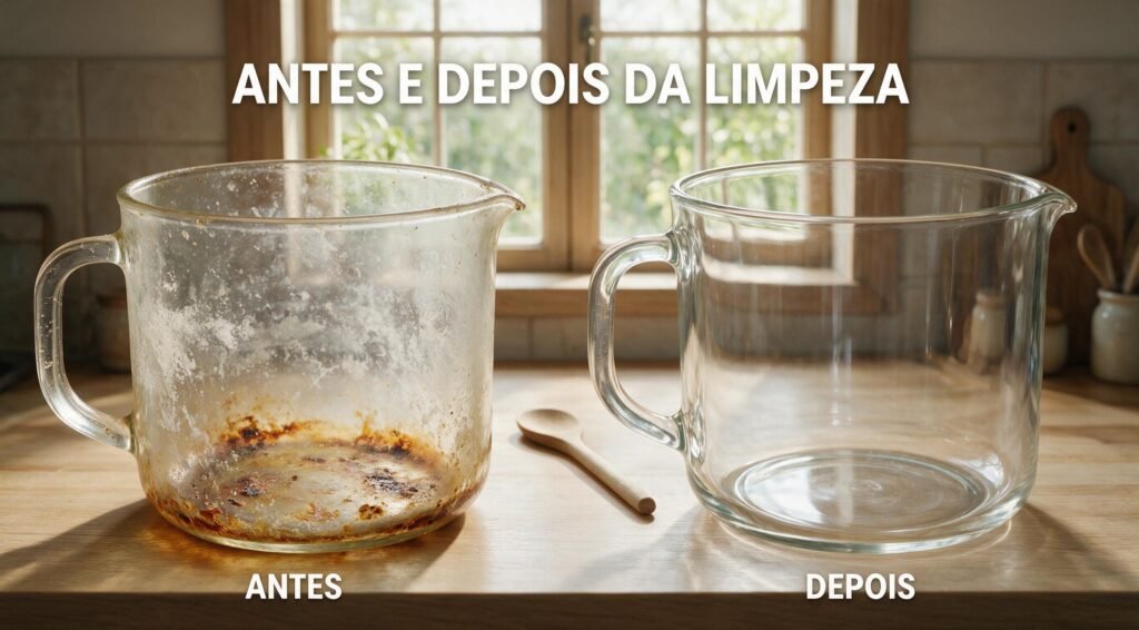 Comparação de panela de vidro antes e depois de limpeza profunda