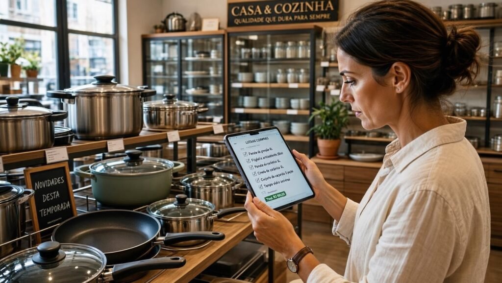 Pessoa conferindo checklist de compra antes de adquirir panelas novas
