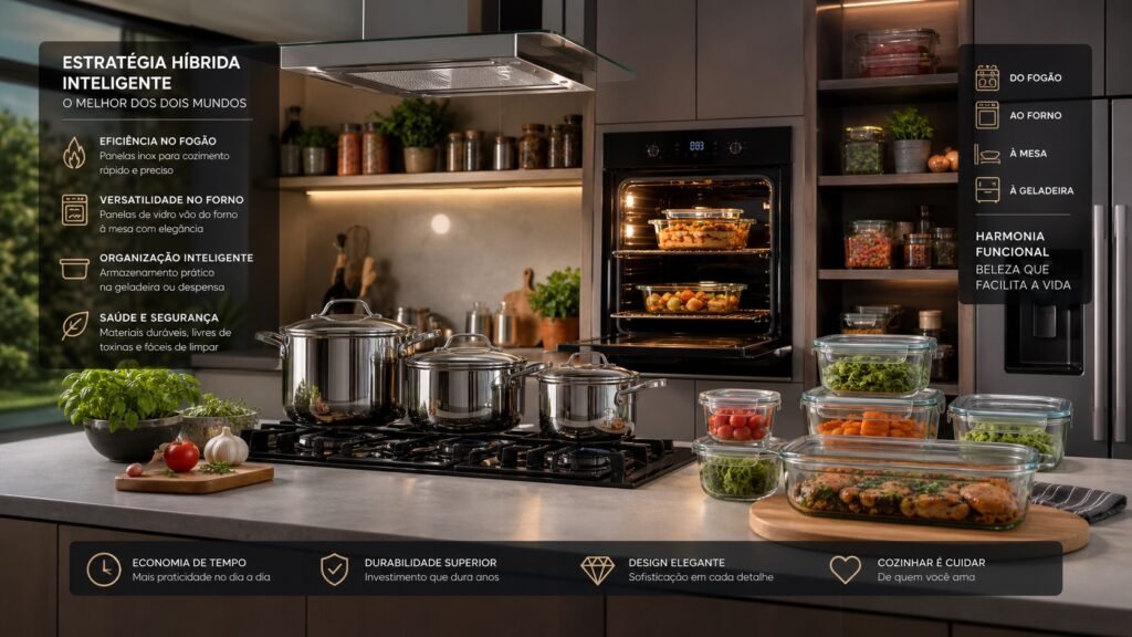 Cozinha bem organizada combinando panelas de inox para fogão e vidro para forno