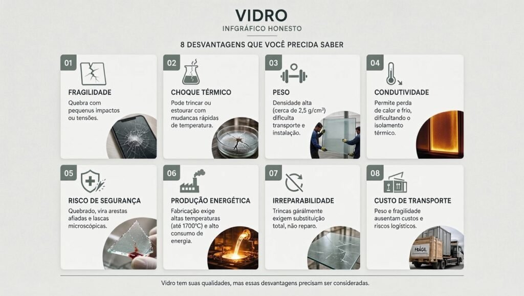 Infográfico transparente sobre desvantagens e limitações das panelas de vidro