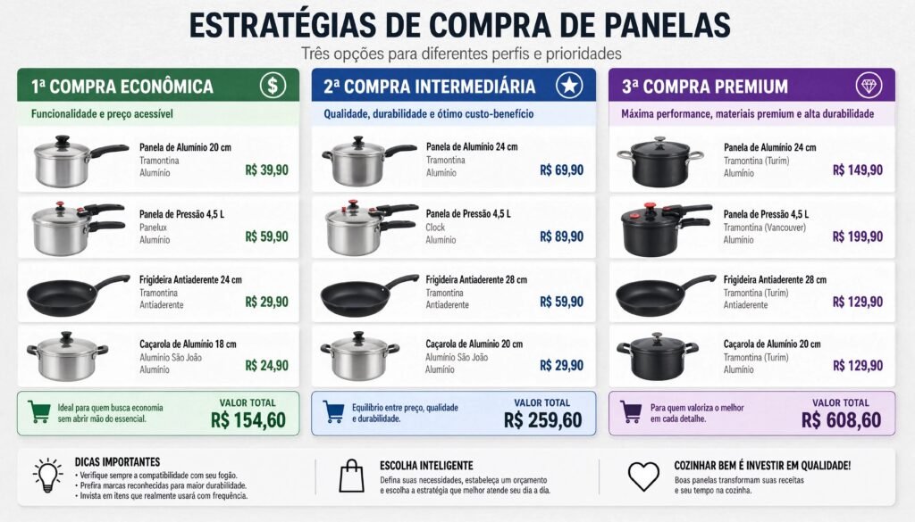 Três estratégias diferentes de compra de panelas para iniciantes com orçamentos variados