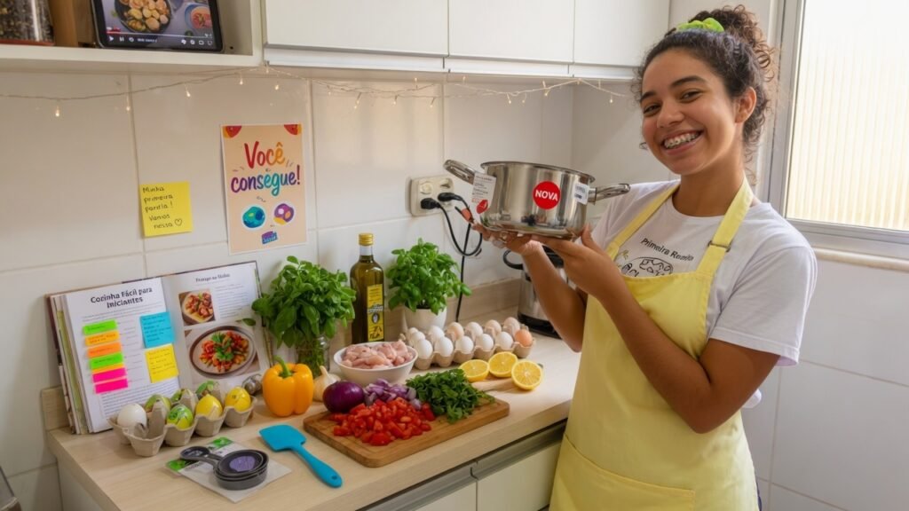 Pessoa iniciante feliz e confiante na cozinha com suas panelas novas